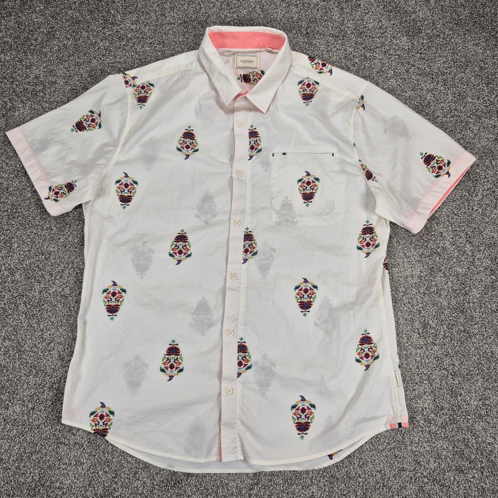 7Diamonds Button Down Shirt Mens XL White Floral All Over Print Short Sleeve
